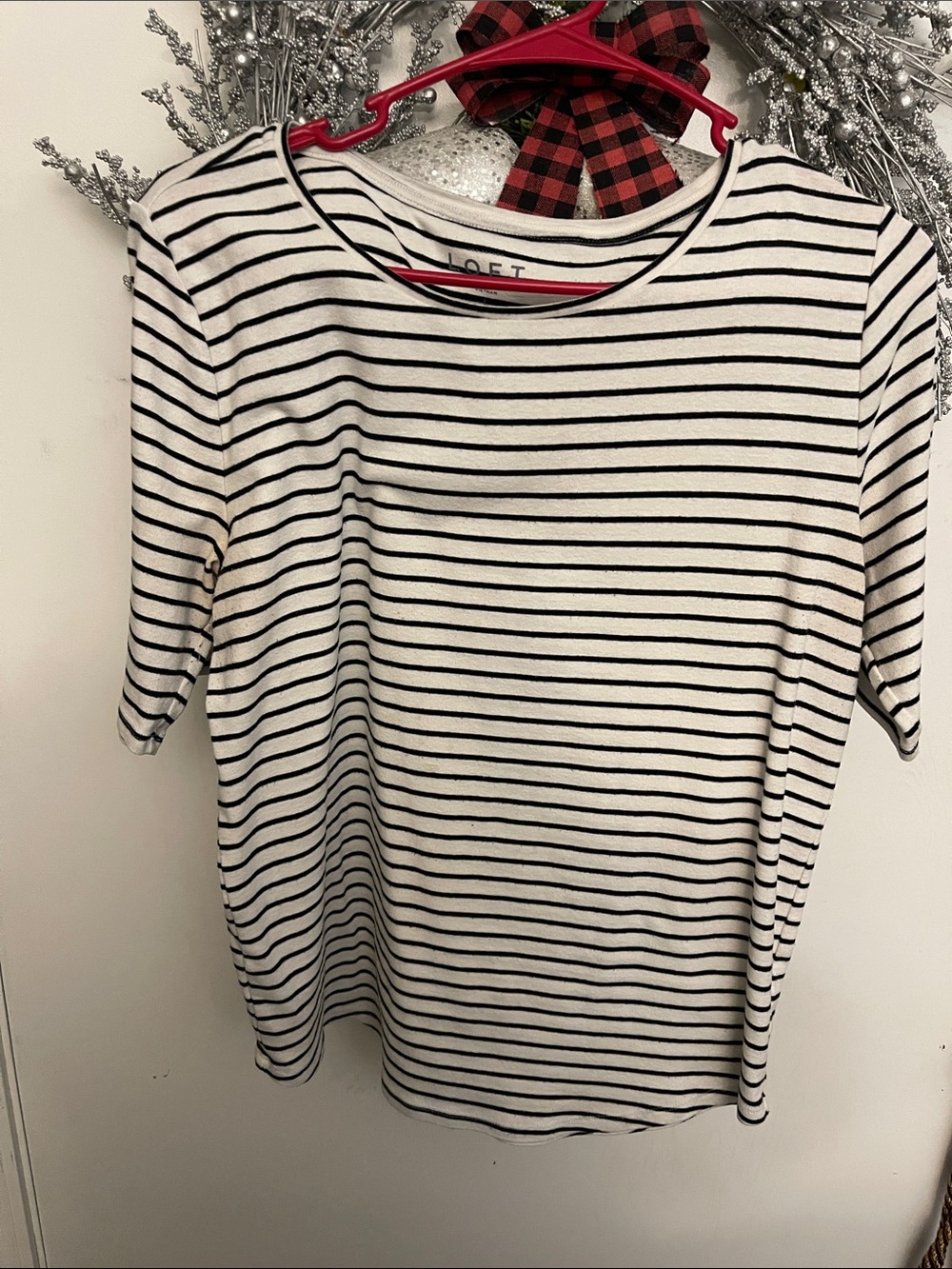 LOFT Black and White Striped Short-Sleeve Crew Neck Top